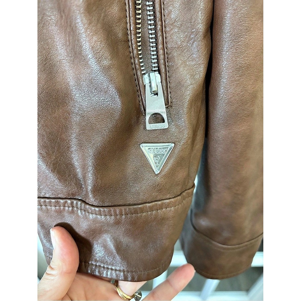 GUESS Brown Faux Leather Moto Jacket Mens Large Zip Front Snap Collar 119AU407 - Picture 7 of 9